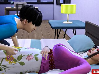 Stiefzoon neukt de Koreaanse stepmom Aziatische stiefmoeder deelt hetzelfde frieze met haar stiefzoon nearby de hotelkamer
